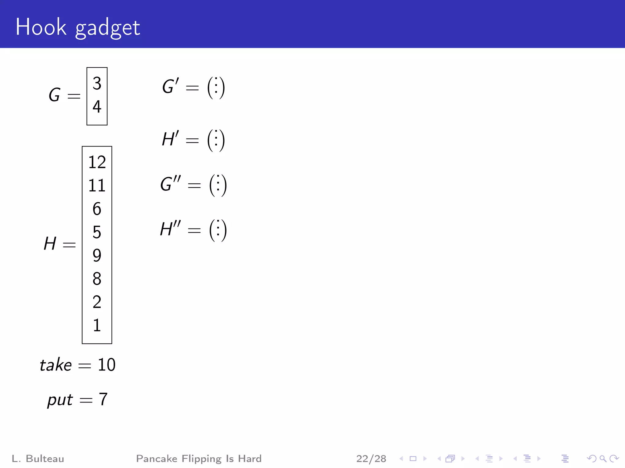 Hook gadget
                         .
      G=
             3       G = .
                         .
             4
                         .
                     H = .
                         .
        12               .
        11           G = .
                         .
         6               .
         5           H = .
                         .
     H=
         9
         8
         2
         1

     take = 10
      put = 7


L. Bulteau       Pancake Flipping Is Hard   22/28
 