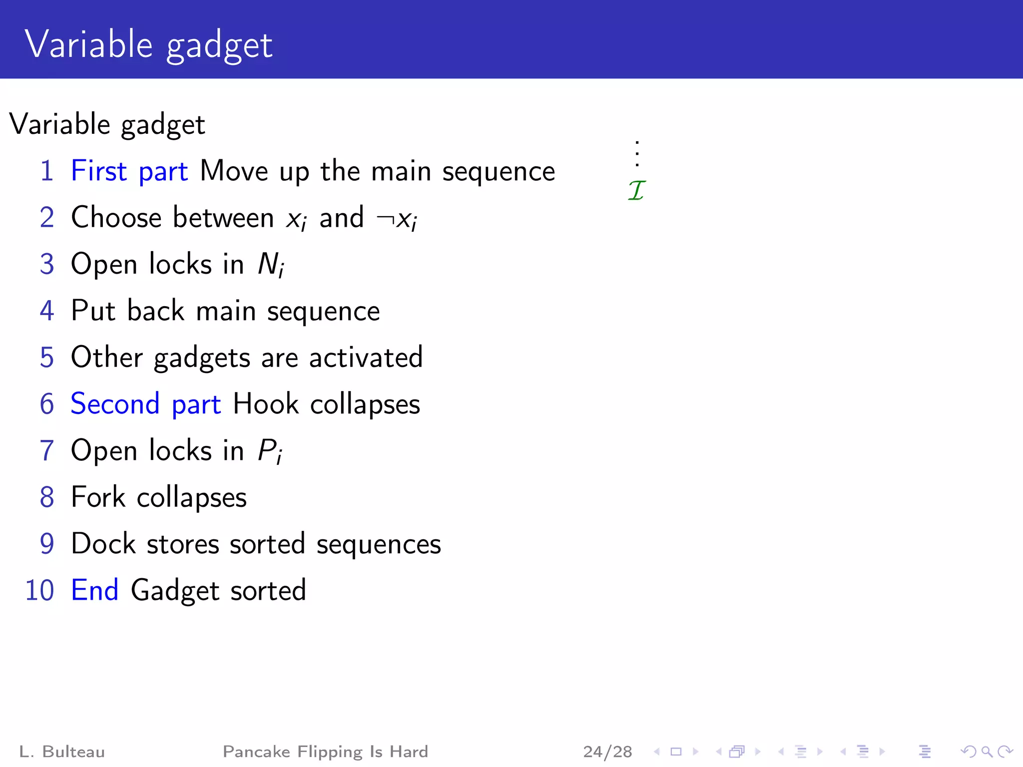 Variable gadget
Variable gadget                                  .
                                                 .
                                                 .
  1 First part Move up the main sequence
                                                 I
  2 Choose between xi and ¬xi
  3 Open locks in Ni
  4 Put back main sequence
  5 Other gadgets are activated
  6 Second part Hook collapses
  7 Open locks in Pi
  8 Fork collapses
  9 Dock stores sorted sequences
 10 End Gadget sorted




L. Bulteau        Pancake Flipping Is Hard   24/28
 