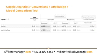 AffiliateManager.com • (321) 300-5355 • Mike@AffiliateManager.com
Google Analytics > Conversions > Attribution >
Model Com...