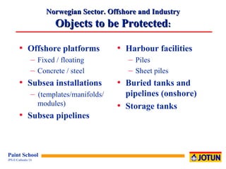 Norwegian Sector. Offshore and Industry Objects to be Protected : Offshore platforms Fixed / floating Concrete / steel Subsea installations (templates/manifolds/ modules) Subsea pipelines Harbour facilities Piles Sheet piles Buried tanks and pipelines (onshore) Storage tanks 