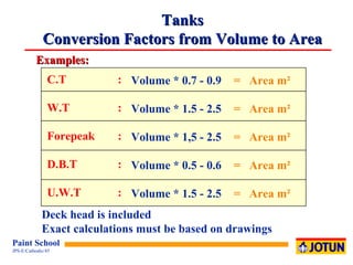 Tanks Conversion Factors from Volume to Area C.T : W.T : Forepeak : D.B.T : U.W.T : Volume * 0.7 - 0.9 Volume * 1.5 - 2.5 Volume * 1,5 - 2.5 Volume * 0.5 - 0.6 Volume * 1.5 - 2.5 =  Area m²  =  Area m² =  Area m² =  Area m² =  Area m² Examples: Deck head is included Exact calculations must be based on drawings 