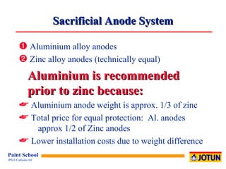 Sacrificial Anode System Aluminium alloy anodes Zinc alloy anodes (technically equal) Aluminium is recommended prior to zinc because: Aluminium anode weight is approx. 1/3 of zinc Total price for equal protection:  Al. anodes  approx 1/2 of Zinc anodes Lower installation costs due to weight difference 