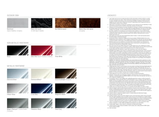INTERIOR TRIM                                                                                                        ENDNOTES
                                                                                                                     1	    Lower aspect ratio tires and accompanying wheels provide substantially increased treadwear, increased
                                                                                                                           tire noise and reduced ride comfort. Serious wheel and tire damage may occur if the vehicle is operated
                                                                                                                           on rough or damaged road surfaces or upon encountering road debris or obstacles. These tires are not
                                                                                                                           designed for use on snow and ice. Winter tires mounted on appropriately sized and approved wheels are
                                                                                                                           recommended for driving in those conditions.
                                                                                                                     2	    Stated rates of acceleration are based upon manufacturer’s track results and may vary depending on model,
                                                                                                                           environmental and road surface conditions, driving style, elevation and vehicle load.
                                                                                                                     3	    Preliminary 2013 EPA estimated fuel economy. See dealer for final figures. Compare the estimated mpg to
                                                                                                                           the estimated mpg of other vehicles. You may get different mileage depending on how fast you drive, weather
Aluminum                          Black Ash wood                    Burl Walnut wood          Matte Olive Ash wood         conditions and trip length. Your actual highway mileage will probably be less than the highway estimate.
(Sport Sedans, Coupes)            (C 350 Sport Sedan)                                         (Coupes)               4	    No system, regardless of how advanced, can overcome the laws of physics or correct careless driving.
                                                                                                                           Please always wear your seat belt. Performance is limited by available traction, which snow, ice and other
                                                                                                                           conditions can affect. Always drive carefully, consistent with conditions. Best performance in snow is
                                                                                                                           obtained with winter tires.
                                                                                                                     5	    Sport Sedans and Coupes with Almond Beige/Mocha interior include a 3-spoke steering wheel without
                                                                                                                           flat-bottom design or perforated side grips.
                                                                                                                     6	    Driving while drowsy or distracted is dangerous and must be avoided. ATTENTION ASSIST and/or Lane
                                                                                                                           Keeping Assist may be insufficient to alert a fatigued or distracted driver of lane drift and cannot be relied on
                                                                                                                           to avoid an accident or serious injury. Lane Keeping Assist operates at speeds above approximately 20 mph.
                                                                                                                     7	    Blind Spot Assist may not be sufficient to avoid all accidents involving vehicles in your blind spot and
NON-METALLIC PAINTWORK                                                                                                     does not estimate the speed of approaching vehicles. It must not be used as a sole substitute for driver
                                                                                                                           awareness and checking of surrounding traffic conditions.
                                                                                                                     8	    Rear view camera does not audibly notify driver of nearby objects and is not a substitute for actively
                                                                                                                           checking around the vehicle for any obstacles or people. Images displayed may be limited by camera field
                                                                                                                           of view, weather, lighting conditions and the presence of dirt, ice or snow on the camera.
                                                                                                                     9	    Braking effectiveness also depends on proper brake maintenance, and tire and road conditions.
                                                                                                                     10	   DISTRONIC PLUS adaptive cruise control is no substitute for active driving involvement. It does not react to
                                                                                                                           stationary objects, nor recognize or predict the curvature and lane layout of the road or the movement of
                                                                                                                           vehicles ahead. It is the driver’s responsibility at all times to be attentive to traffic and road conditions, and
                                                                                                                           to provide the steering, braking and other driving inputs necessary to retain control of the vehicle. Drivers
                                                                                                                           are cautioned not to wait for the DISTRONIC Proximity Warning System before braking, as that may not
Black                             Mars Red (Sport Sedans, Coupes)   Polar White                                            afford sufficient time and distance to brake safely. After braking the car for stopped traffic ahead, system
                                                                                                                           resumes automatically only if traffic pauses for less than 3 seconds. On Luxury Sedans, Driver Assistance
                                                                                                                           Package also includes Sport Sedan grille design.
                                                                                                                     11	   WARNING: THE FORCES OF A DEPLOYING AIR BAG CAN CAUSE SERIOUS OR FATAL INJURIES TO A CHILD
                                                                                                                           UNDER AGE 13. THE SAFEST SEATING POSITION FOR YOUR CHILD IS IN THE REAR SEAT, BELTED INTO AN
                                                                                                                           APPROPRIATE, PROPERLY INSTALLED CHILD SEAT, OR CORRECTLY WEARING A SEAT BELT IF TOO LARGE
                                                                                                                           FOR A CHILD SEAT. SEE OPERATOR’S MANUAL FOR ADDITIONAL WARNINGS AND INFORMATION ON AIR
                                                                                                                           BAGS, SEAT BELTS AND CHILD SEATS.
METALLIC PAINTWORK                                                                                                   12	   All Mercedes-Benz mbrace™ services operate only where cellular and Global Positioning Satellite signals are
                                                                                                                           available, which are provided by third parties and not within the control of Mercedes-Benz USA, LLC. An
                                                                                                                           mbrace Package trial period is offered on new, Certified Pre -Owned and pre-owned sales and leases at an
                                                                                                                           authorized Mercedes-Benz dealer. Subscriber Agreement is required for service to be active. Some services
                                                                                                                           are only available on select vehicles. Your PIN is required in order to use certain services. See your dealer or
                                                                                                                           MBUSA.com/mbrace for details, including a list of compatible smartphones.
                                                                                                                     13	   Display appearance may vary from system shown. See dealer for additional information.
                                                                                                                     14	   Bluetooth® interface does not provide phone charging or external antenna. Voice interactivity feature is
                                                                                                                           dependent on selected handset. Visit MBUSA-Mobile.com for details. Phone sold separately. See dealer for
                                                                                                                           a list of approved compatible phones.
                                                                                                                     15	   The purchase or lease of a new, satellite radio - enabled Mercedes-Benz includes 6 months of service for
Diamond Silver                    Diamond White24                   Dolomite Brown (Sedans)                                SiriusXM Radio, as well as SiriusXM Traffic and SiriusXM Weather when so equipped. SiriusXM Traffic and
                                                                                                                           Weather services are available in select markets. If you decide to continue your SiriusXM service at the end
                                                                                                                           of this period, all SiriusXM services are sold separately, and the plan you choose will automatically renew
                                                                                                                           and bill at then-current rates until you call 1-866-635-2349 to cancel. See SiriusXM Customer Agreement
                                                                                                                           for complete terms, www.siriusxm.com. Sirius U.S. Satellite service available only to those at least 18 years
                                                                                                                           of age in the 48 contiguous United States, DC and Puerto Rico (with coverage limitations).
                                                                                                                     16	   All iPod® devices are sold separately. Feature not compatible with iPod Shuffle. See dealer for details.
                                                                                                                     17	   While the navigation system provides directional assistance, the driver must remain focused on safe driving
                                                                                                                           behavior, including paying attention to traffic and street signs. The driver should utilize the system’s audio
                                                                                                                           cues while driving and should only consult the map or visual displays once the vehicle has been stopped in a
                                                                                                                           safe place. Maps do not cover all areas or all routes within an area.
                                                                                                                     18	   Compass readout is replaced by navigation system’s compass display with Multimedia Package.
Iridium Silver                    Lunar Blue                        Magnetite Black                                  19	   Obey local speed and traffic laws.
                                                                                                                     20	   Roadside Assistance repairs may involve charges for parts, service and towing. Vehicle must be accessible
                                                                                                                           from main roads. Depending on the circumstance, these services may be provided by an outside provider,
                                                                                                                           courtesy of Mercedes -Benz Roadside Assistance. Restricted roadways, acts of nature and vehicle accessibility
                                                                                                                           may limit our ability to provide services to you. For full details, eligibility requirements, and limitations/
                                                                                                                           exclusions of Sign and Drive services, as well as the Roadside Assistance Program, please see your dealer.
                                                                                                                     21	   mbrace is compatible with select Apple iPhone® models running iOS 4.2 or later, and Android - based
                                                                                                                           phones running OS 2.1 or later. Please visit MBUSA.com/mbrace for more information.
                                                                                                                     22	   Includes Dolby® Digital 5.1 when ordered in combination with Multimedia Package.
                                                                                                                     23	   European Delivery Program discount available on select models, other models offered at MSRP. Please
                                                                                                                           see your dealer for details.
                                                                                                                     24	   Extra-cost option.
Magno Platinum24 (matte finish)   Palladium Silver                  Steel Grey
(Coupes)
 