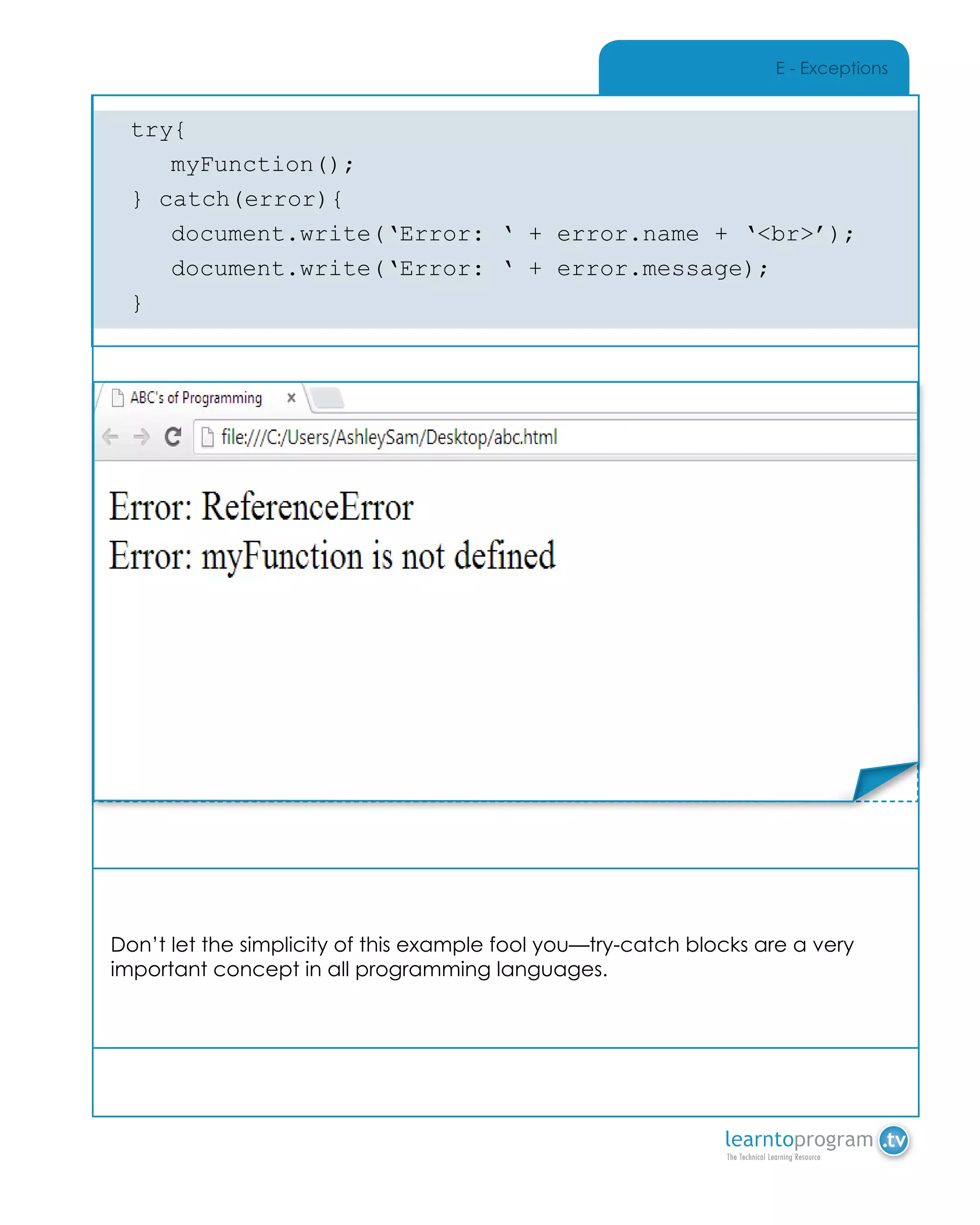 E - Exceptions
Don’t let the simplicity of this example fool you—try-catch blocks are a very
important concept in all programming languages.
try{
	myFunction();
} catch(error){
	 document.write(‘Error: ‘ + error.name + ‘<br>’);
	 document.write(‘Error: ‘ + error.message);
}
Place Sticker Here
 