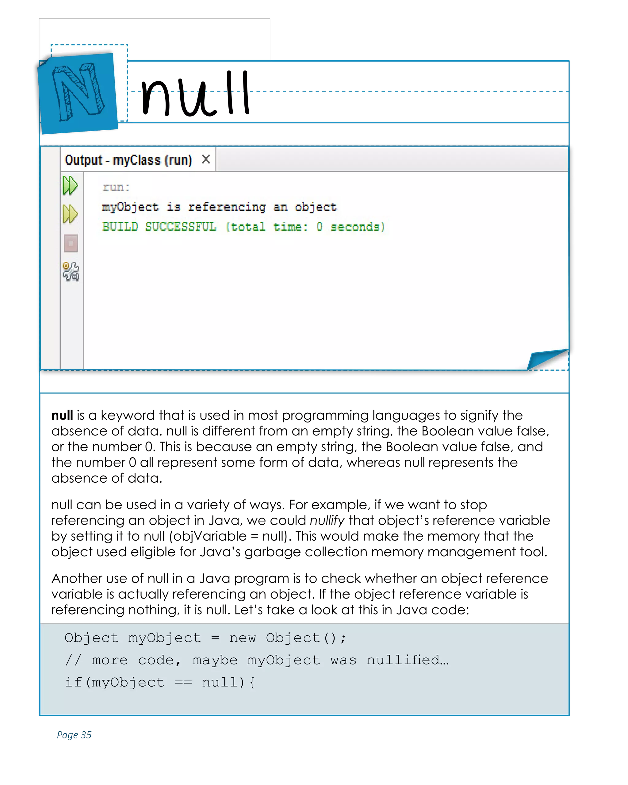 Page 35
ABCs of Programming Handbook
null is a keyword that is used in most programming languages to signify the
absence of data. null is different from an empty string, the Boolean value false,
or the number 0. This is because an empty string, the Boolean value false, and
the number 0 all represent some form of data, whereas null represents the
absence of data.
null can be used in a variety of ways. For example, if we want to stop
referencing an object in Java, we could nullify that object’s reference variable
by setting it to null (objVariable = null). This would make the memory that the
object used eligible for Java’s garbage collection memory management tool.
Another use of null in a Java program is to check whether an object reference
variable is actually referencing an object. If the object reference variable is
referencing nothing, it is null. Let’s take a look at this in Java code:
Object myObject = new Object();
// more code, maybe myObject was nullified…
if(myObject == null){
null
Place
Sticker
Here
N
Place Sticker Here
 