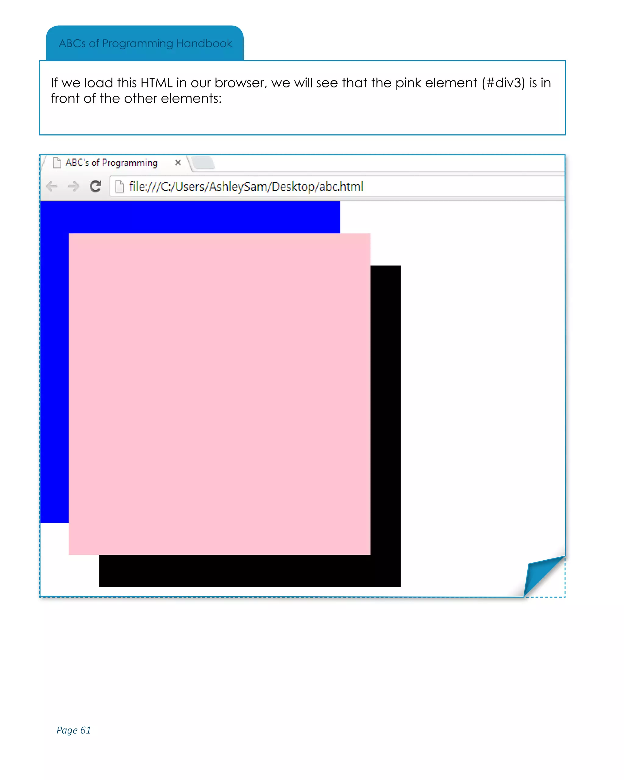 Page 61
ABCs of Programming Handbook
Place Sticker Here
If we load this HTML in our browser, we will see that the pink element (#div3) is in
front of the other elements:
 