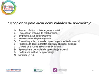conektioaprendizaje, coaching, redes
10 acciones para crear comunidades de aprendizaje

1- Pon en práctica un liderazgo compartido

2- Fomenta un entorno de colaboración

3- Empodera a tus colaboradores

4- Abre espacios de participación

5- Fomenta que la comunidad aprenda por medio de la acción

6- Permite a la gente cometer errores (y aprender de ellos)

7- Genera una buena comunicación interna

8- Aprovecha el potencial del aprendizaje informal

9- Cultiva una cultura de aprendizaje

10- Aprende en red
36
 