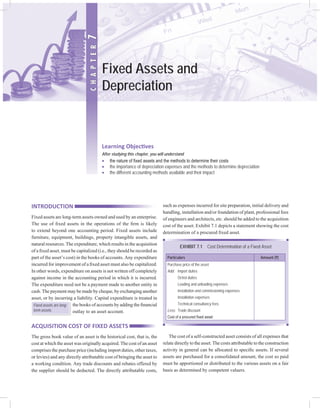 Introduction 
Fixed assets are long-term assets owned and used by an enterprise. 
The use of fixed assets in the operations of the firm is likely 
to extend beyond one accounting period. Fixed assets include 
furniture, equipment, buildings, property intangible assets, and 
natural resources. The expenditure, which results in the acquisition 
of a fixed asset, must be capitalized (i.e., they should be recorded as 
part of the asset’s cost) in the books of accounts. Any expenditure 
incurred for improvement of a fixed asset must also be capitalized. 
In other words, expenditure on assets is not written off completely 
against income in the accounting period in which it is incurred. 
The expenditure need not be a payment made to another entity in 
cash. The payment may be made by cheque, by exchanging another 
asset, or by incurring a liability. Capital expenditure is treated in 
the books of accounts by adding the financial 
outlay to an asset account. 
Acquisition Cost of Fixed Assets 
The gross book value of an asset is the historical cost, that is, the 
cost at which the asset was originally acquired. The cost of an asset 
comprises the purchase price (including import duties, other taxes, 
or levies) and any directly attributable cost of bringing the asset to 
a working condition. Any trade discounts and rebates offered by 
the supplier should be deducted. The directly attributable costs, 
such as expenses incurred for site preparation, initial delivery and 
handling, installation and/or foundation of plant, professional fees 
of engineers and architects, etc. should be added to the acquisition 
cost of the asset. Exhibit 7.1 depicts a statement showing the cost 
determination of a procured fixed asset. 
Exhibit 7.1 Cost Determination of a Fixed Asset 
Particulars Amount (`) 
Purchase price of the asset 
Add: Import duties 
Octroi duties 
Loading and unloading expenses 
Installation and commissioning expenses 
Installation expenses 
Technical consultancy fees 
Less: Trade discount 
Cost of a procured fixed asset 
The cost of a self-constructed asset consists of all expenses that 
relate directly to the asset. The costs attributable to the construction 
activity in general can be allocated to specific assets. If several 
assets are purchased for a consolidated amount, the cost so paid 
must be apportioned or distributed to the various assets on a fair 
basis as determined by competent valuers. 
Fixed assets are long-term 
assets. 
Learning Objectives 
After studying this chapter, you will understand 
Σ the nature of fixed assets and the methods to determine their costs 
Σ the importance of depreciation expenses and the methods to determine depreciation 
Σ the different accounting methods available and their impact 
c h a p t e R 7 
Fixed Assets and 
Depreciation 
 