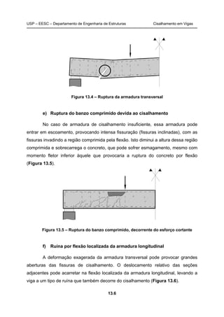 USP – EESC – Departamento de Engenharia de Estruturas Cisalhamento em Vigas
13.6
Figura 13.4 – Ruptura da armadura transversal
e) Ruptura do banzo comprimido devida ao cisalhamento
No caso de armadura de cisalhamento insuficiente, essa armadura pode
entrar em escoamento, provocando intensa fissuração (fissuras inclinadas), com as
fissuras invadindo a região comprimida pela flexão. Isto diminui a altura dessa região
comprimida e sobrecarrega o concreto, que pode sofrer esmagamento, mesmo com
momento fletor inferior àquele que provocaria a ruptura do concreto por flexão
(Figura 13.5).
Figura 13.5 – Ruptura do banzo comprimido, decorrente do esforço cortante
f) Ruína por flexão localizada da armadura longitudinal
A deformação exagerada da armadura transversal pode provocar grandes
aberturas das fissuras de cisalhamento. O deslocamento relativo das seções
adjacentes pode acarretar na flexão localizada da armadura longitudinal, levando a
viga a um tipo de ruína que também decorre do cisalhamento (Figura 13.6).
 