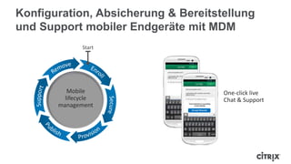 Konfiguration, Absicherung & Bereitstellung
und Support mobiler Endgeräte mit MDM
Mobile
lifecycle
management
Accept Request
One-click live
Chat & Support
 