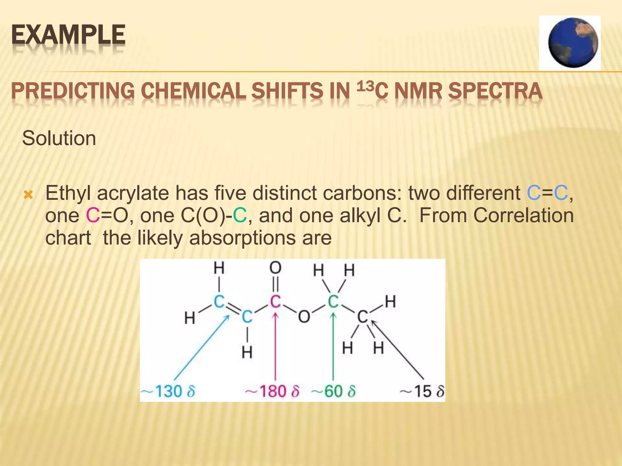 EXAMPLE
PREDICTING CHEMICAL SHIFTS IN 13C NMR SPECTRA
Solution
 Ethyl acrylate has five distinct carbons: two different C=C,
one C=O, one C(O)-C, and one alkyl C. From Correlation
chart the likely absorptions are
 