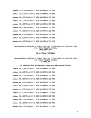 Artículo 475.- (DEROGADO, P.O. 8 DE NOVIEMBRE DE 1983)

Artículo 476.- (DEROGADO, P.O. 8 DE NOVIEMBRE DE 1983)

Artículo 477.- (DEROGADO, P.O. 8 DE NOVIEMBRE DE 1983)

Artículo 478.- (DEROGADO, P.O. 8 DE NOVIEMBRE DE 1983)

Artículo 479.- (DEROGADO, P.O. 8 DE NOVIEMBRE DE 1983)

Artículo 480.- (DEROGADO, P.O. 8 DE NOVIEMBRE DE 1983)

Artículo 481.- (DEROGADO, P.O. 8 DE NOVIEMBRE DE 1983)

Artículo 482.- (DEROGADO, P.O. 8 DE NOVIEMBRE DE 1983)

Artículo 483.- (DEROGADO, P.O. 8 DE NOVIEMBRE DE 1983)

Artículo 484.- (DEROGADO, P.O. 8 DE NOVIEMBRE DE 1983)


 (DEROGADO POR ARTICULO 4º. TRANSITORIO DEL CODIGO FAMILIAR PARA EL ESTADO
                       P.O. 8 DE NOVIEMBRE DE 1983)
                               TITULO OCTAVO

                               DE LA PATRIA POTESTAD


 (DEROGADO POR ARTICULO 4º. TRANSITORIO DEL CODIGO FAMILIAR PARA EL ESTADO
                       P.O. 8 DE NOVIEMBRE DE 1983)
                                 CAPITULO I

         De los efectos de la patria potestad respecto de la persona de los hijos

Artículo 485.- (DEROGADO, P.O. 8 DE NOVIEMBRE DE 1983)

Artículo 486.- (DEROGADO, P.O. 8 DE NOVIEMBRE DE 1983)

Artículo 487.- (DEROGADO, P.O. 8 DE NOVIEMBRE DE 1983)

Artículo 488.- (DEROGADO, P.O. 8 DE NOVIEMBRE DE 1983)

Artículo 489.- (DEROGADO, P.O. 8 DE NOVIEMBRE DE 1983)

Artículo 490.- (DEROGADO, P.O. 8 DE NOVIEMBRE DE 1983)

Artículo 491.- (DEROGADO, P.O. 8 DE NOVIEMBRE DE 1983)

Artículo 492.- (DEROGADO, P.O. 8 DE NOVIEMBRE DE 1983)

Artículo 493.- (DEROGADO, P.O. 8 DE NOVIEMBRE DE 1983)

Artículo 494.- (DEROGADO, P.O. 8 DE NOVIEMBRE DE 1983)

Artículo 495.- (DEROGADO, P.O. 8 DE NOVIEMBRE DE 1983)

Artículo 496.- (DEROGADO, P.O. 8 DE NOVIEMBRE DE 1983)


                                                                                    25
 