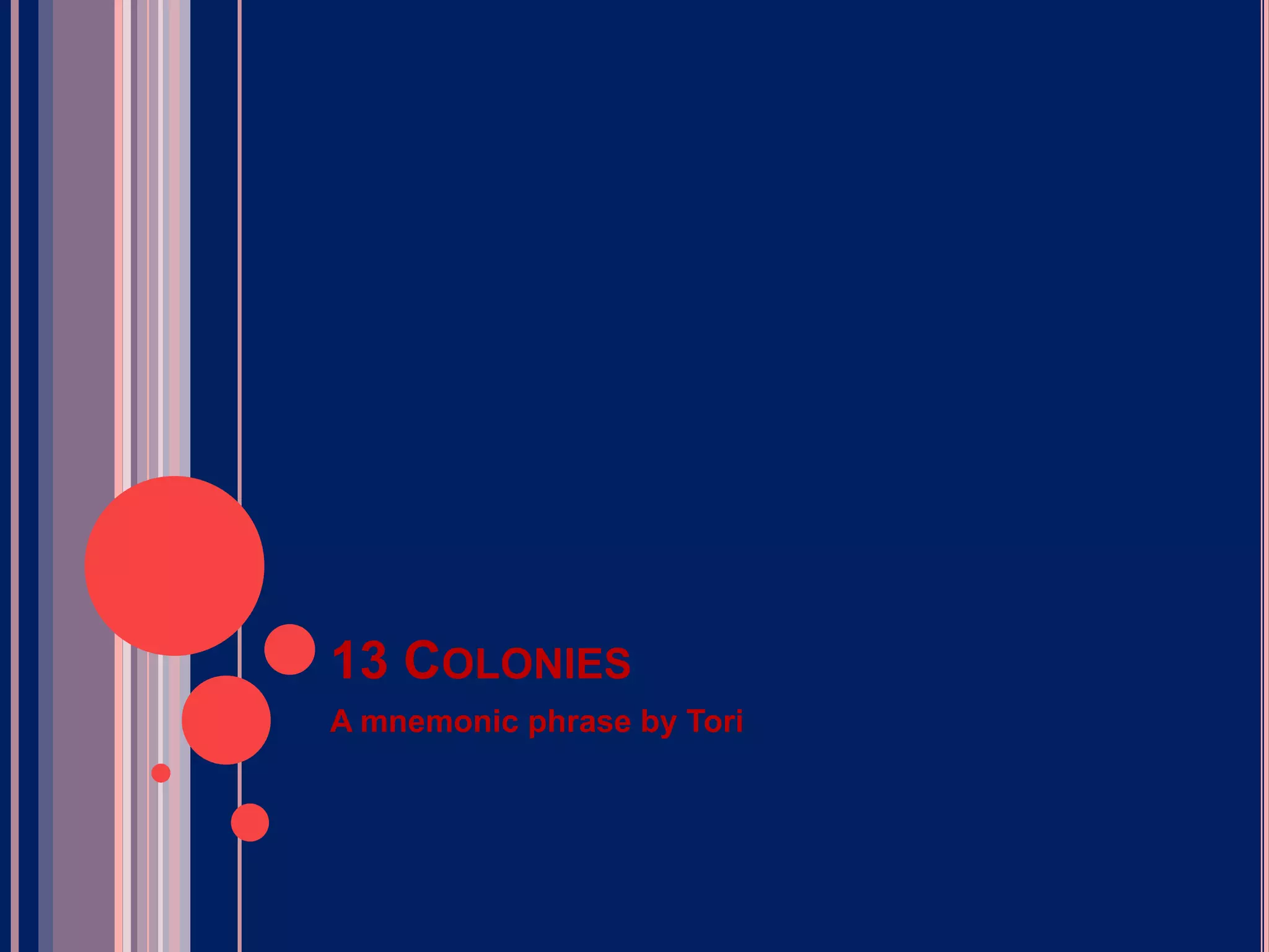13 Colonies A mnemonic phrase by Tori