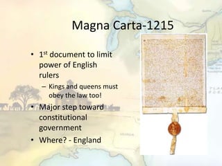 Magna Carta-1215
• 1st document to limit
power of English
rulers
– Kings and queens must
obey the law too!
• Major step toward
constitutional
government
• Where? - England
 