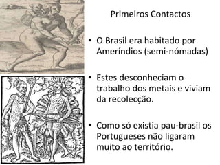 Primeiros Contactos O Brasil era habitado por Ameríndios (semi-nómadas) Estes desconheciam o trabalho dos metais e viviam da recolecção. Como só existia pau-brasil os Portugueses não ligaram muito ao território. 