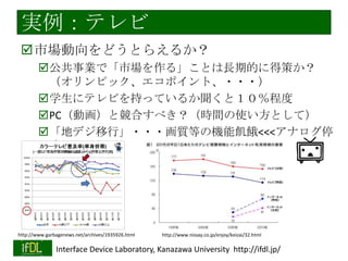 実例：テレビ
市場動向をどうとらえるか？
公共事業で「市場を作る」ことは長期的に得策か？
（オリンピック、エコポイント、・・・）
学生にテレビを持っているか聞くと１０％程度
PC（動画）と競合すべき？（時間の使い方として）
「地デジ移行」・・・画質等の機能飢餓<<<アナログ停
波

http://www.garbagenews.net/archives/1935926.html

2014/1/22

http://www.nissay.co.jp/enjoy/keizai/32.html

Interface Device Laboratory, Kanazawa University http://ifdl.jp/

 