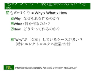 ものづくり・製造業のあるべき
姿
ものづくり = Why x What x How
Why : なぜそれを作るのか？
What : 何を作るのか？
How : どうやって作るのか？

“Why”が「欠如」しているケースが多い？
（特にエレクトロニクス産業では）

2014/1/22

Interface Device Laboratory, Kanazawa University http://ifdl.jp/

 