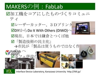 MAKERSの例：FabLab
加工機をコアにしたものづくりコミュニ
ティ
レーザーカッター、３Ｄプリンタ等
DIYからDo It With Others (DIWO)へ
現在、日本では鎌倉とつくば他
「製造技術の民主化」
→市民が「製品は買うものではなく作るも
の」へ
カフェ併設などの派生型も

2014/1/22

Interface Device Laboratory, Kanazawa University http://ifdl.jp/

 