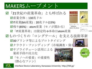 MAKERSムーブメント
「21世紀の産業革命」とも呼ばれる
産業全体：130兆ドル
IT産業(bit産業)：20兆ドル(15%)
C.アンダーソン
残り(85%)：atom産業（モノが関わる） 「MAKERS」
(NHK出版,2012)
「IT産業革命」は限定的→本命はatom産業

三木・宇都宮
「マイクロモノづく
り
を始めよう」
(テンブックス,2013)

ものづくりの「ロングテール」を支える技術革新
3Dプリンタ等によるプロトタイピング
クラウド・ファンディング（市場調査・資金調達）
サプライチェーン活用による
量産手段の民主化
「モノへの愛着」の重要性
（熱心なファン）
2014/1/22

Interface Device Laboratory, Kanazawa University http://ifdl.jp/

 