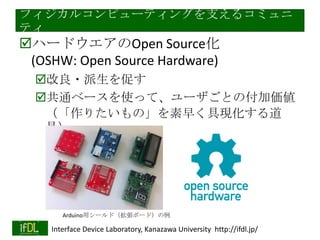 フィジカルコンピューティングを支えるコミュニ
ティ

ハードウエアのOpen Source化
(OSHW: Open Source Hardware)
改良・派生を促す
共通ベースを使って、ユーザごとの付加価値
（「作りたいもの」を素早く具現化する道
具）

Arduino用シールド（拡張ボード）の例
2014/1/22

Interface Device Laboratory, Kanazawa University http://ifdl.jp/

 