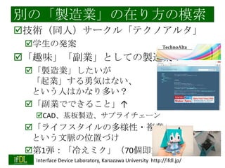 技術の民主化がもたらすもの

(L.Fleming, "Perfecting Cross‐Pollination", Harvard Business Review, Vol.82, No.9, pp.22-24 (2004))
2014/1/22

Interface Device Laboratory, Kanazawa University http://ifdl.jp/

 