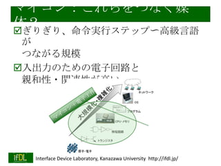 学問体系が断絶した世界で発生する問
題
例：ガン化したトランジスタ・・・？

コンピュータ＝決定論的システム
＝構成要素の完全動作が前提
微細化の進展→量子効果等による動作の不確実性↑
現状では、製造技術や設計技術で、なんとか抑え込
む
・・・いつまでも可能なのか？
「ハード屋」の言い分：ソフトウエアでなんとかしてくれ
「ソフト屋」の言い分：ハードウエアがしっかりしてくれ

例：組込みシステム
トレイ開閉ボタンを押してから45秒後にトレイが開
く
Blu-rayレコーダ（実話）
2014/1/22

「ソフト屋」の言い分：「CPUがもっと速くなってくれ」
Interface Device Laboratory, Kanazawa University http://ifdl.jp/

 