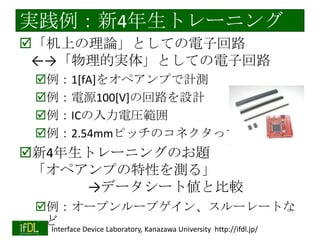 結果：作品例

タッチ式記憶ゲーム

学習式目覚まし時計

作曲機能つき
ミニゲーム機

2014/1/22

Interface Device Laboratory, Kanazawa University http://ifdl.jp/

 
