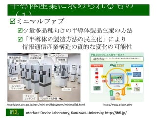 集積回路技術の民主化の課題１
高い製造コスト
ムーアの法則→非先端プロセスでも十分な性能
設計ルールのNDA→λルールでオープンソース
化？
5umルールでも十分（な人も多い）
「P板.com」によるプリント基板の民主化が好例
「ミニマルファブ」等にも期待

http://unit.aist.go.jp/neri/mini-sys/fabsystem/minimalfab.html
2014/1/22

http://www.p-ban.com

Interface Device Laboratory, Kanazawa University http://ifdl.jp/

 