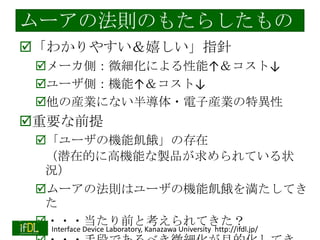 ムーアの法則のもたらしたもの
「わかりやすい＆嬉しい」指針
メーカ側：微細化による性能↑＆コスト↓
ユーザ側：機能↑＆コスト↓
他の産業にない半導体・電子産業の特異性

重要な前提
「ユーザの機能飢餓」の存在
（潜在的に高機能な製品が求められている状
況）
ムーアの法則はユーザの機能飢餓を満たしてき
た
・・・当たり前と考えられてきた？
2014/1/22
Interface Device Laboratory, Kanazawa University http://ifdl.jp/

 