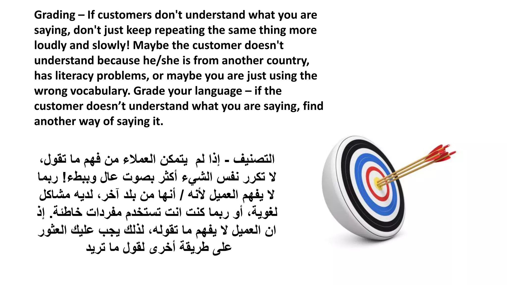 Grading – If customers don't understand what you are
saying, don't just keep repeating the same thing more
loudly and slowly! Maybe the customer doesn't
understand because he/she is from another country,
has literacy problems, or maybe you are just using the
wrong vocabulary. Grade your language – if the
customer doesn’t understand what you are saying, find
another way of saying it.
‫التصنيف‬-،‫تقول‬ ‫ما‬ ‫فهم‬ ‫من‬ ‫العمالء‬ ‫يتمكن‬ ‫لم‬ ‫إذا‬
‫وببطء‬ ‫عال‬ ‫بصوت‬ ‫أكثر‬ ‫الشيء‬ ‫نفس‬ ‫تكرر‬ ‫ال‬!‫ربما‬
‫ألنه‬ ‫العميل‬ ‫يفهم‬ ‫ال‬/‫مشاكل‬ ‫لديه‬ ،‫آخر‬ ‫بلد‬ ‫من‬ ‫أنها‬
‫خاطئة‬ ‫مفردات‬ ‫تستخدم‬ ‫انت‬ ‫كنت‬ ‫ربما‬ ‫أو‬ ،‫لغوية‬.‫إذ‬
‫العثور‬ ‫عليك‬ ‫يجب‬ ‫لذلك‬ ،‫تقوله‬ ‫ما‬ ‫يفهم‬ ‫ال‬ ‫العميل‬ ‫ان‬
‫تريد‬ ‫ما‬ ‫لقول‬ ‫أخرى‬ ‫طريقة‬ ‫على‬
 