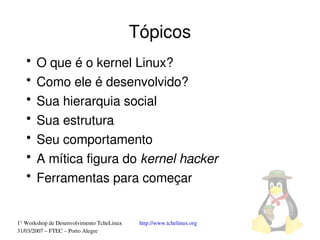 Tópicos
   ●
       O que é o kernel Linux?
   ●
       Como ele é desenvolvido?
   ●
       Sua hierarquia social
   ●
       Sua estrutura
   ●
       Seu comportamento
   ●
       A mítica figura do kernel hacker
   ●
       Ferramentas para começar


1° Workshop de Desenvolvimento TcheLinux    http://www.tchelinux.org
31/03/2007 – FTEC – Porto Alegre
 