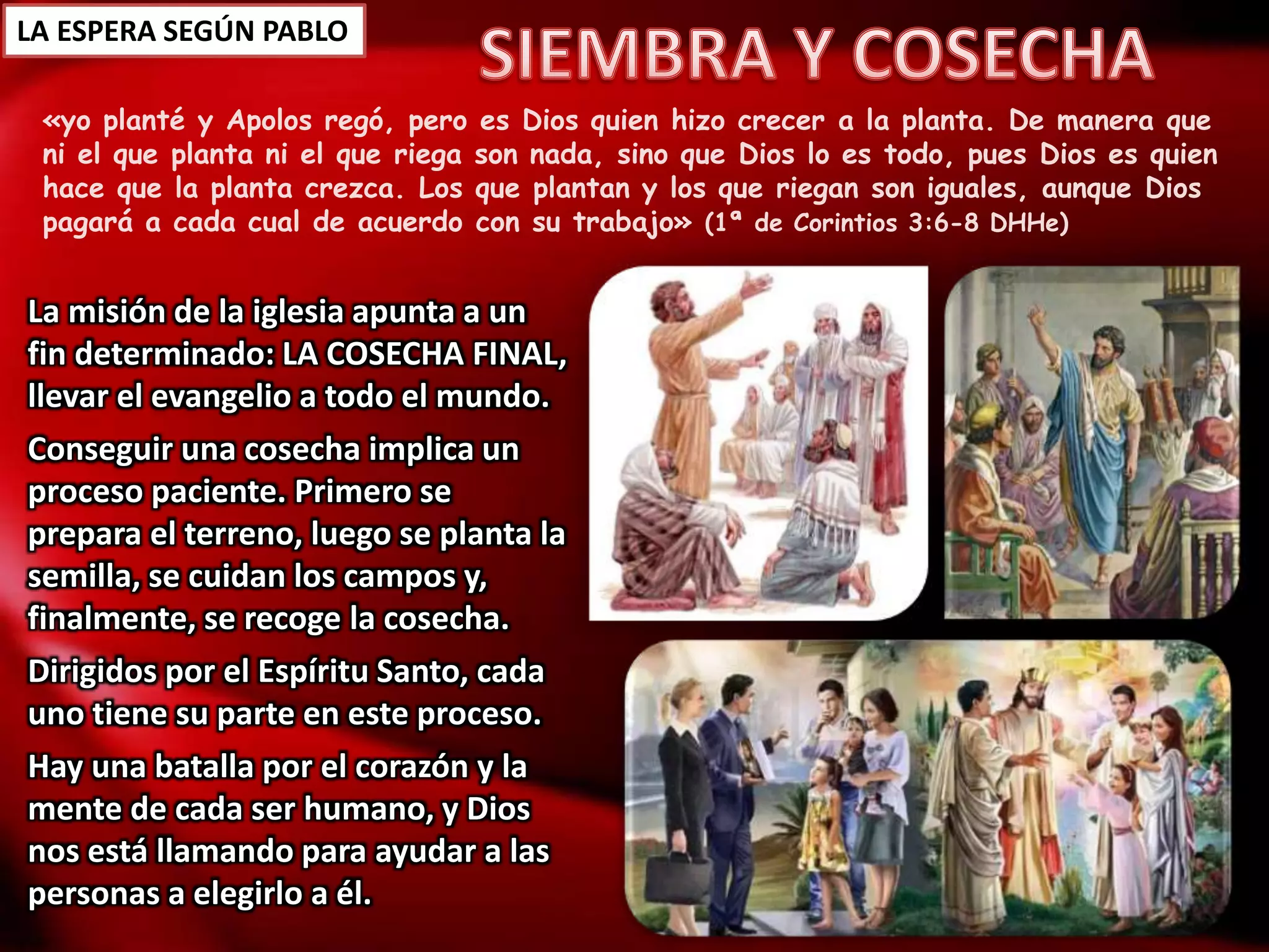 LA ESPERA SEGÚN PABLO
«yo planté y Apolos regó, pero es Dios quien hizo crecer a la planta. De manera que
ni el que planta ni el que riega son nada, sino que Dios lo es todo, pues Dios es quien
hace que la planta crezca. Los que plantan y los que riegan son iguales, aunque Dios
pagará a cada cual de acuerdo con su trabajo» (1ª de Corintios 3:6-8 DHHe)
La misión de la iglesia apunta a un
fin determinado: LA COSECHA FINAL,
llevar el evangelio a todo el mundo.
Conseguir una cosecha implica un
proceso paciente. Primero se
prepara el terreno, luego se planta la
semilla, se cuidan los campos y,
finalmente, se recoge la cosecha.
Dirigidos por el Espíritu Santo, cada
uno tiene su parte en este proceso.
Hay una batalla por el corazón y la
mente de cada ser humano, y Dios
nos está llamando para ayudar a las
personas a elegirlo a él.
 
