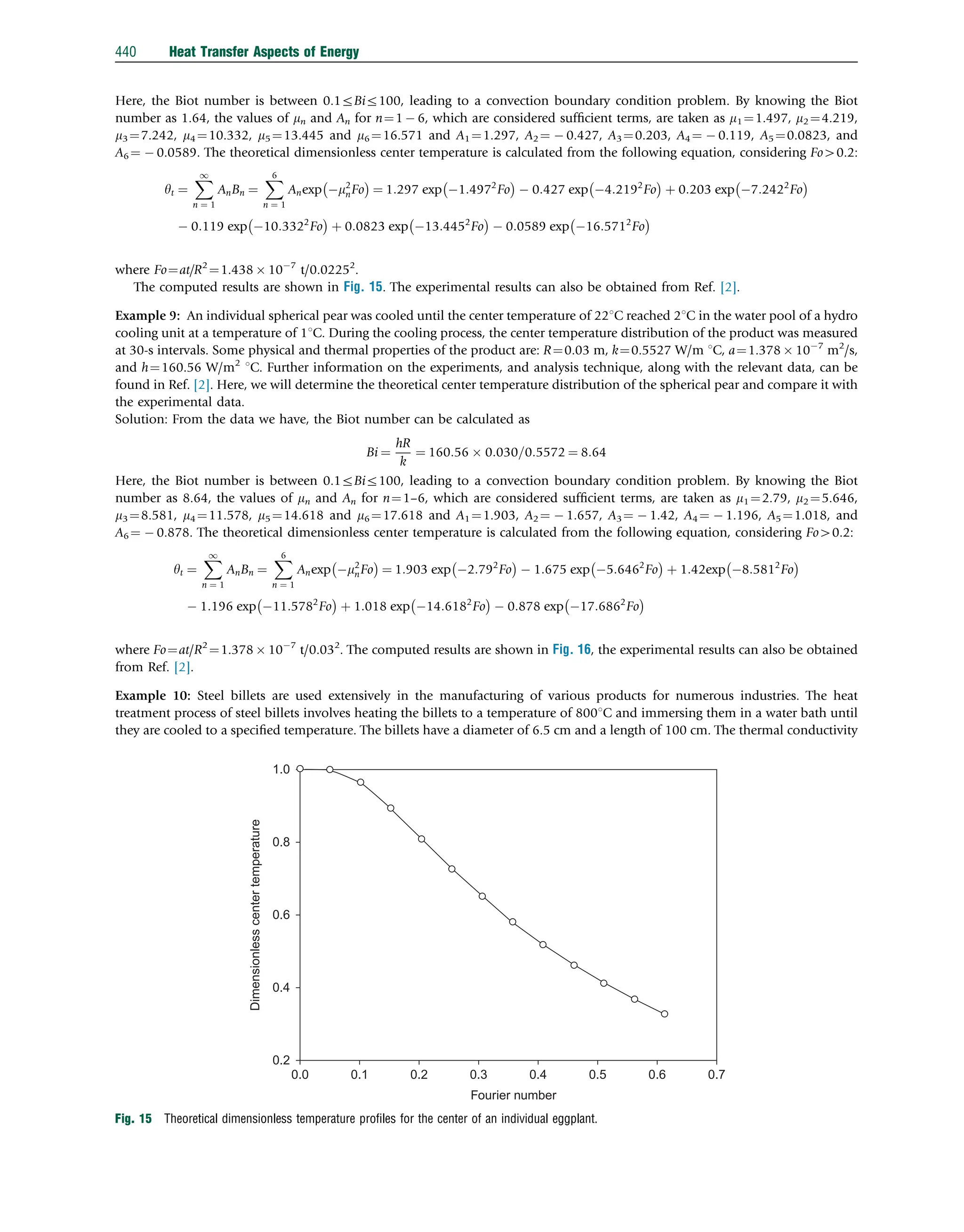 Here, the Biot number is between 0.1rBir100, leading to a convection boundary condition problem. By knowing the Biot
number as 1.64, the values of mn and An for n¼1  6, which are considered sufﬁcient terms, are taken as m1¼1.497, m2 ¼4.219,
m3 ¼7.242, m4 ¼10.332, m5 ¼13.445 and m6 ¼16.571 and A1 ¼1.297, A2 ¼  0.427, A3¼0.203, A4 ¼  0.119, A5 ¼0.0823, and
A6 ¼  0.0589. The theoretical dimensionless center temperature is calculated from the following equation, considering Fo40.2:
yt ¼
X
1
n ¼ 1
AnBn ¼
X
6
n ¼ 1
Anexp m2
nFo
 
¼ 1:297 exp 1:4972
Fo
 
 0:427 exp 4:2192
Fo
 
þ 0:203 exp 7:2422
Fo
 
 0:119 exp 10:3322
Fo
 
þ 0:0823 exp 13:4452
Fo
 
 0:0589 exp 16:5712
Fo
 
where Fo¼at/R2
¼1.438  107
t/0.02252
.
The computed results are shown in Fig. 15. The experimental results can also be obtained from Ref. [2].
Example 9: An individual spherical pear was cooled until the center temperature of 221C reached 21C in the water pool of a hydro
cooling unit at a temperature of 11C. During the cooling process, the center temperature distribution of the product was measured
at 30-s intervals. Some physical and thermal properties of the product are: R¼0.03 m, k¼0.5527 W/m 1C, a¼1.378  107
m2
/s,
and h¼160.56 W/m2
1C. Further information on the experiments, and analysis technique, along with the relevant data, can be
found in Ref. [2]. Here, we will determine the theoretical center temperature distribution of the spherical pear and compare it with
the experimental data.
Solution: From the data we have, the Biot number can be calculated as
Bi ¼
hR
k
¼ 160:56  0:030=0:5572 ¼ 8:64
Here, the Biot number is between 0.1rBir100, leading to a convection boundary condition problem. By knowing the Biot
number as 8.64, the values of mn and An for n¼1–6, which are considered sufﬁcient terms, are taken as m1 ¼2.79, m2 ¼5.646,
m3 ¼8.581, m4 ¼11.578, m5 ¼14.618 and m6 ¼17.618 and A1 ¼1.903, A2 ¼  1.657, A3¼  1.42, A4 ¼  1.196, A5 ¼1.018, and
A6 ¼  0.878. The theoretical dimensionless center temperature is calculated from the following equation, considering Fo40.2:
yt ¼
X
1
n ¼ 1
AnBn ¼
X
6
n ¼ 1
Anexp m2
nFo
 
¼ 1:903 exp 2:792
Fo
 
 1:675 exp 5:6462
Fo
 
þ 1:42exp 8:5812
Fo
 
 1:196 exp 11:5782
Fo
 
þ 1:018 exp 14:6182
Fo
 
 0:878 exp 17:6862
Fo
 
where Fo¼at/R2
¼1.378  107
t/0.032
. The computed results are shown in Fig. 16, the experimental results can also be obtained
from Ref. [2].
Example 10: Steel billets are used extensively in the manufacturing of various products for numerous industries. The heat
treatment process of steel billets involves heating the billets to a temperature of 8001C and immersing them in a water bath until
they are cooled to a speciﬁed temperature. The billets have a diameter of 6.5 cm and a length of 100 cm. The thermal conductivity
1.0
0.8
0.6
0.4
Dimensionless
center
temperature
0.2
0.0 0.1 0.2
Fourier number
0.3 0.4 0.6
0.5 0.7
Fig. 15 Theoretical dimensionless temperature proﬁles for the center of an individual eggplant.
440 Heat Transfer Aspects of Energy
 