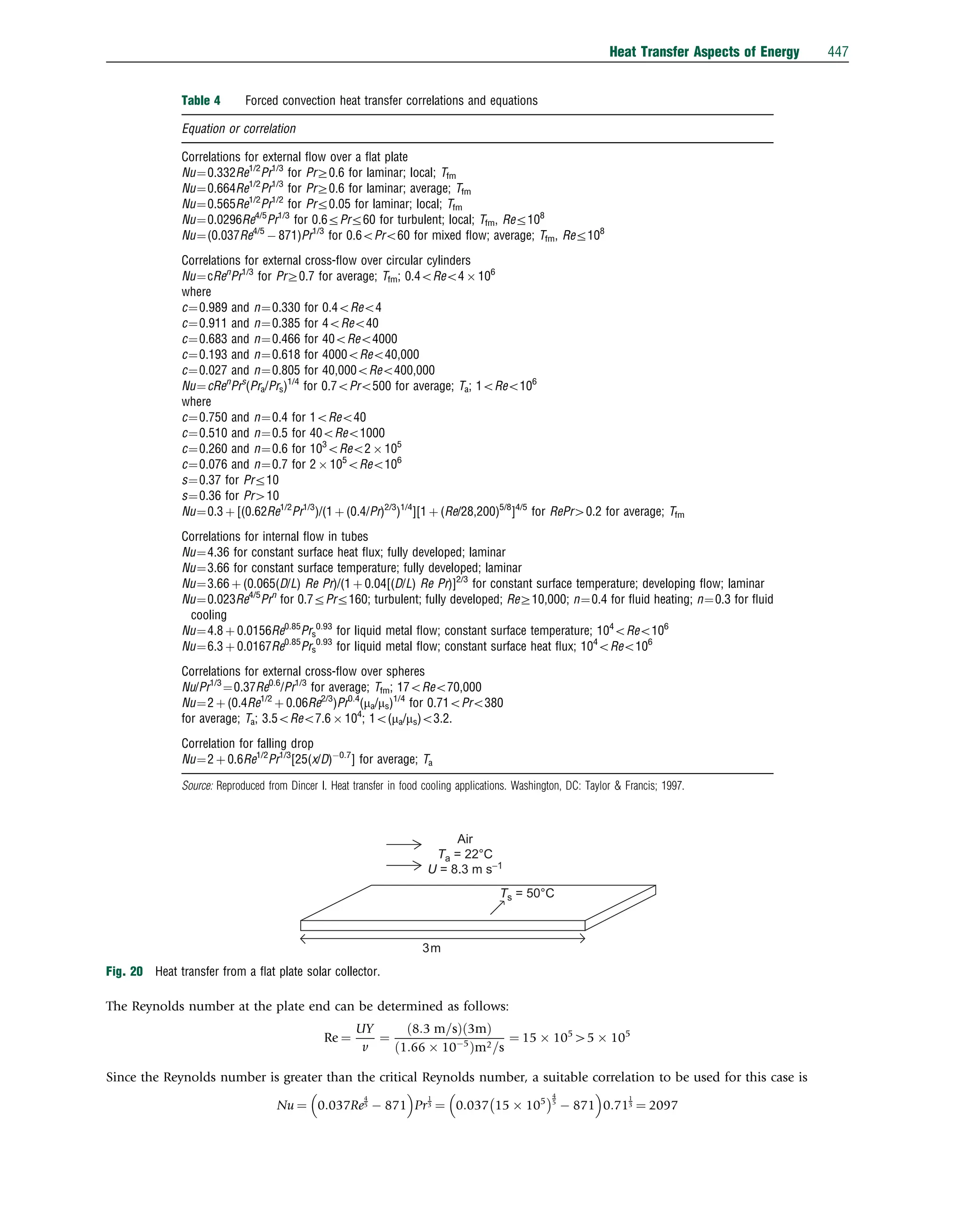 The Reynolds number at the plate end can be determined as follows:
Re ¼
UY
v
¼
8:3 m=s
ð Þ 3m
ð Þ
ð1:66  105
Þm2=s
¼ 15  105
45  105
Since the Reynolds number is greater than the critical Reynolds number, a suitable correlation to be used for this case is
Nu ¼ 0:037Re
4
5  871
 
Pr
1
3 ¼ 0:037 15  105
 4
5
 871
 
0:71
1
3 ¼ 2097
Table 4 Forced convection heat transfer correlations and equations
Equation or correlation
Correlations for external ﬂow over a ﬂat plate
Nu¼0.332Re1/2
Pr1/3
for PrZ0.6 for laminar; local; Tfm
Nu¼0.664Re1/2
Pr1/3
for PrZ0.6 for laminar; average; Tfm
Nu¼0.565Re1/2
Pr1/2
for Prr0.05 for laminar; local; Tfm
Nu¼0.0296Re4/5
Pr1/3
for 0.6rPrr60 for turbulent; local; Tfm, Rer108
Nu¼(0.037Re4/5
 871)Pr1/3
for 0.6oPro60 for mixed ﬂow; average; Tfm, Rer108
Correlations for external cross-ﬂow over circular cylinders
Nu¼cRen
Pr1/3
for PrZ0.7 for average; Tfm; 0.4oReo4  106
where
c¼0.989 and n¼0.330 for 0.4oReo4
c¼0.911 and n¼0.385 for 4oReo40
c¼0.683 and n¼0.466 for 40oReo4000
c¼0.193 and n¼0.618 for 4000oReo40,000
c¼0.027 and n¼0.805 for 40,000oReo400,000
Nu¼cRen
Prs
(Pra/Prs)1/4
for 0.7oPro500 for average; Ta; 1oReo106
where
c¼0.750 and n¼0.4 for 1oReo40
c¼0.510 and n¼0.5 for 40oReo1000
c¼0.260 and n¼0.6 for 103
oReo2  105
c¼0.076 and n¼0.7 for 2  105
oReo106
s¼0.37 for Prr10
s¼0.36 for Pr410
Nu¼0.3 þ [(0.62Re1/2
Pr1/3
)/(1 þ (0.4/Pr)2/3
)1/4
][1 þ (Re/28,200)5/8
]4/5
for RePr40.2 for average; Tfm
Correlations for internal ﬂow in tubes
Nu¼4.36 for constant surface heat ﬂux; fully developed; laminar
Nu¼3.66 for constant surface temperature; fully developed; laminar
Nu¼3.66 þ (0.065(D/L) Re Pr)/(1 þ 0.04[(D/L) Re Pr)]2/3
for constant surface temperature; developing ﬂow; laminar
Nu¼0.023Re4/5
Prn
for 0.7rPrr160; turbulent; fully developed; ReZ10,000; n¼0.4 for ﬂuid heating; n¼0.3 for ﬂuid
cooling
Nu¼4.8 þ 0.0156Re0.85
Prs
0.93
for liquid metal ﬂow; constant surface temperature; 104
oReo106
Nu¼6.3 þ 0.0167Re0.85
Prs
0.93
for liquid metal ﬂow; constant surface heat ﬂux; 104
oReo106
Correlations for external cross-ﬂow over spheres
Nu/Pr1/3
¼0.37Re0.6
/Pr1/3
for average; Tfm; 17oReo70,000
Nu¼2 þ (0.4Re1/2
þ 0.06Re2/3
)Pr0.4
(ma/ms)1/4
for 0.71oPro380
for average; Ta; 3.5oReo7.6  104
; 1o(ma/ms)o3.2.
Correlation for falling drop
Nu¼2 þ 0.6Re1/2
Pr1/3
[25(x/D)0.7
] for average; Ta
Source: Reproduced from Dincer I. Heat transfer in food cooling applications. Washington, DC: Taylor  Francis; 1997.
Air
Ta = 22°C
U = 8.3 m s−1
3m
Ts = 50°C
Fig. 20 Heat transfer from a ﬂat plate solar collector.
Heat Transfer Aspects of Energy 447
 