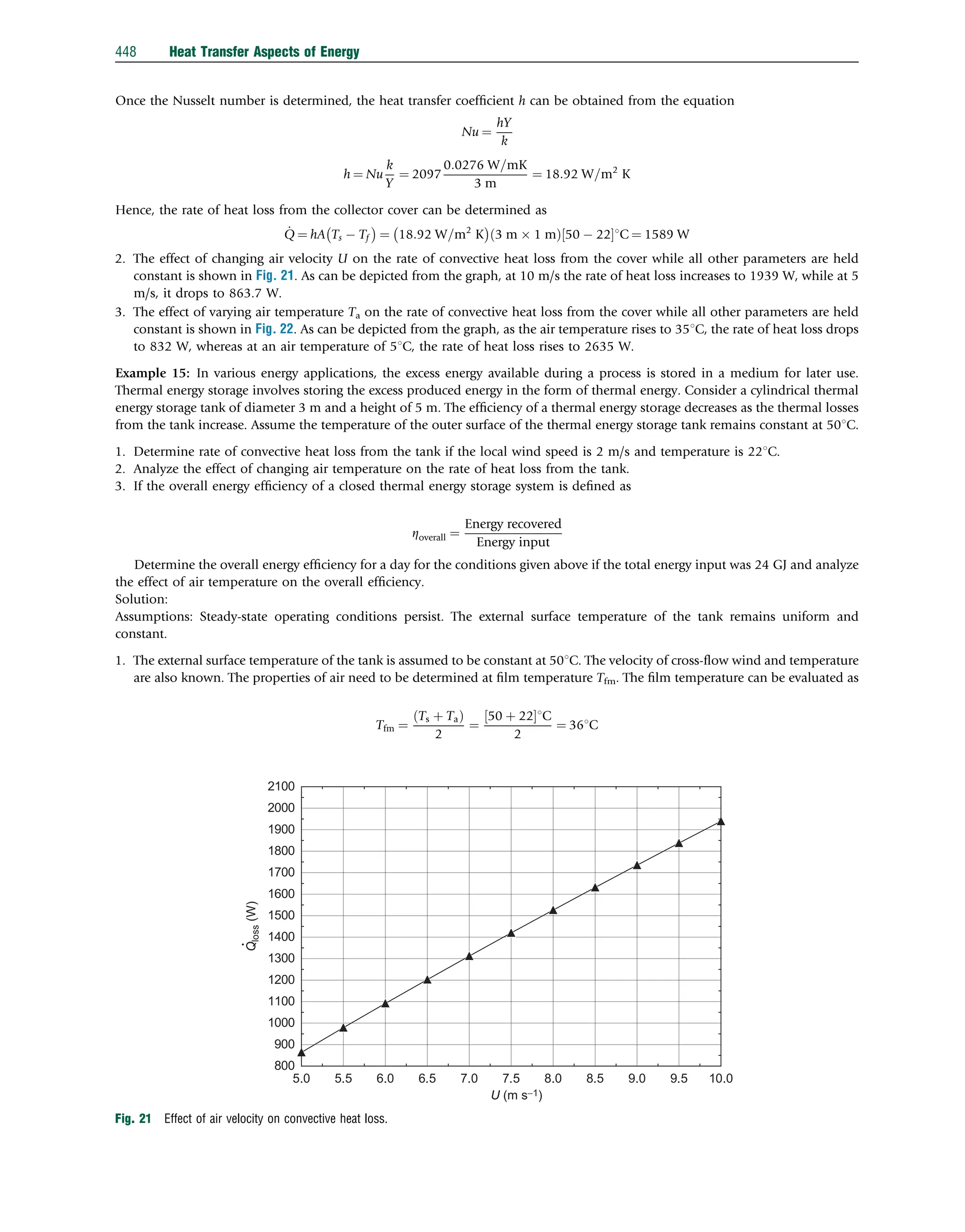 Once the Nusselt number is determined, the heat transfer coefﬁcient h can be obtained from the equation
Nu ¼
hY
k
h ¼ Nu
k
Y
¼ 2097
0:0276 W=mK
3 m
¼ 18:92 W=m2
K
Hence, the rate of heat loss from the collector cover can be determined as
_
Q ¼ hA Ts  Tf
 
¼ 18:92 W=m2
K
 
3 m  1 m
ð Þ 50  22
½ 1C ¼ 1589 W
2. The effect of changing air velocity U on the rate of convective heat loss from the cover while all other parameters are held
constant is shown in Fig. 21. As can be depicted from the graph, at 10 m/s the rate of heat loss increases to 1939 W, while at 5
m/s, it drops to 863.7 W.
3. The effect of varying air temperature Ta on the rate of convective heat loss from the cover while all other parameters are held
constant is shown in Fig. 22. As can be depicted from the graph, as the air temperature rises to 351C, the rate of heat loss drops
to 832 W, whereas at an air temperature of 51C, the rate of heat loss rises to 2635 W.
Example 15: In various energy applications, the excess energy available during a process is stored in a medium for later use.
Thermal energy storage involves storing the excess produced energy in the form of thermal energy. Consider a cylindrical thermal
energy storage tank of diameter 3 m and a height of 5 m. The efﬁciency of a thermal energy storage decreases as the thermal losses
from the tank increase. Assume the temperature of the outer surface of the thermal energy storage tank remains constant at 501C.
1. Determine rate of convective heat loss from the tank if the local wind speed is 2 m/s and temperature is 221C.
2. Analyze the effect of changing air temperature on the rate of heat loss from the tank.
3. If the overall energy efﬁciency of a closed thermal energy storage system is deﬁned as
Zoverall ¼
Energy recovered
Energy input
Determine the overall energy efﬁciency for a day for the conditions given above if the total energy input was 24 GJ and analyze
the effect of air temperature on the overall efﬁciency.
Solution:
Assumptions: Steady-state operating conditions persist. The external surface temperature of the tank remains uniform and
constant.
1. The external surface temperature of the tank is assumed to be constant at 501C. The velocity of cross-ﬂow wind and temperature
are also known. The properties of air need to be determined at ﬁlm temperature Tfm. The ﬁlm temperature can be evaluated as
Tfm ¼
Ts þ Ta
ð Þ
2
¼
50 þ 22
½ 1C
2
¼ 361C
5.0 5.5 6.0 6.5 7.0 7.5 8.0 8.5 9.0 9.5 10.0
800
900
1000
1100
1200
1300
1400
1500
1600
1700
1800
1900
2000
2100
U (m s−1)
Q
loss
(W)
Fig. 21 Effect of air velocity on convective heat loss.
448 Heat Transfer Aspects of Energy
 