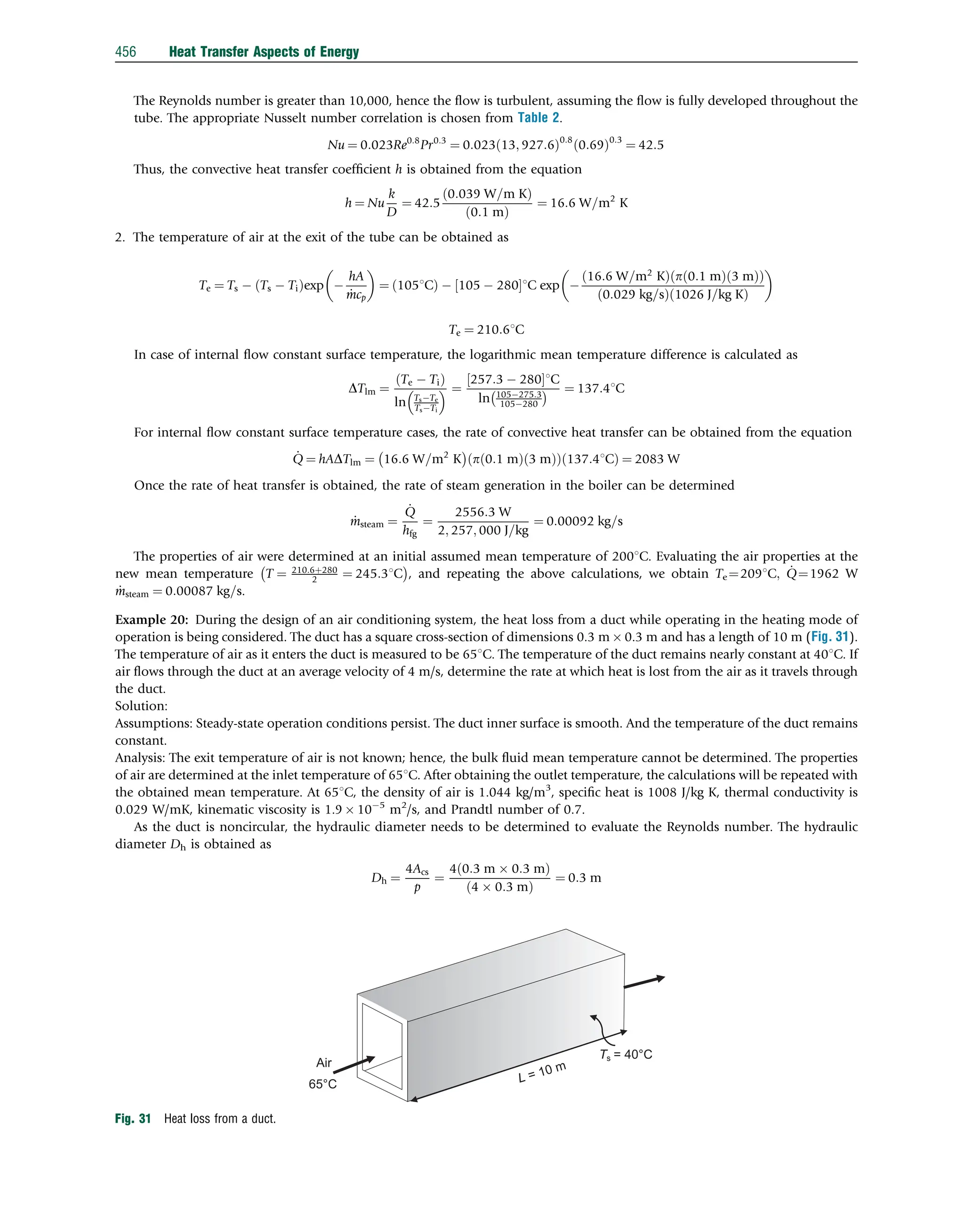 The Reynolds number is greater than 10,000, hence the ﬂow is turbulent, assuming the ﬂow is fully developed throughout the
tube. The appropriate Nusselt number correlation is chosen from Table 2.
Nu ¼ 0:023Re0:8
Pr0:3
¼ 0:023 13; 927:6
ð Þ0:8
0:69
ð Þ0:3
¼ 42:5
Thus, the convective heat transfer coefﬁcient h is obtained from the equation
h ¼ Nu
k
D
¼ 42:5
0:039 W=m K
ð Þ
ð0:1 mÞ
¼ 16:6 W=m2
K
2. The temperature of air at the exit of the tube can be obtained as
Te ¼ Ts  Ts  Ti
ð Þexp 
hA
_
mcp
 
¼ 1051C
ð Þ  105  280
½ 1C exp 
16:6 W=m2
K
ð Þ p 0:1 m
ð Þ 3 m
ð Þ
ð Þ
0:029 kg=s
ð Þ 1026 J=kg K
ð Þ
 
Te ¼ 210:61C
In case of internal ﬂow constant surface temperature, the logarithmic mean temperature difference is calculated as
DTlm ¼
Te  Ti
ð Þ
ln TsTe
TsTi
  ¼
257:3  280
½ 1C
ln 105275:3
105280
  ¼ 137:41C
For internal ﬂow constant surface temperature cases, the rate of convective heat transfer can be obtained from the equation
_
Q ¼ hADTlm ¼ 16:6 W=m2
K
 
p 0:1 m
ð Þ 3 m
ð Þ
ð Þ 137:41C
ð Þ ¼ 2083 W
Once the rate of heat transfer is obtained, the rate of steam generation in the boiler can be determined
_
msteam ¼
_
Q
hfg
¼
2556:3 W
2; 257; 000 J=kg
¼ 0:00092 kg=s
The properties of air were determined at an initial assumed mean temperature of 2001C. Evaluating the air properties at the
new mean temperature T ¼ 210:6þ280
2 ¼ 245:31C
 
, and repeating the above calculations, we obtain Te ¼2091C; _
Q¼1962 W
_
msteam ¼ 0:00087 kg=s.
Example 20: During the design of an air conditioning system, the heat loss from a duct while operating in the heating mode of
operation is being considered. The duct has a square cross-section of dimensions 0.3 m  0.3 m and has a length of 10 m (Fig. 31).
The temperature of air as it enters the duct is measured to be 651C. The temperature of the duct remains nearly constant at 401C. If
air ﬂows through the duct at an average velocity of 4 m/s, determine the rate at which heat is lost from the air as it travels through
the duct.
Solution:
Assumptions: Steady-state operation conditions persist. The duct inner surface is smooth. And the temperature of the duct remains
constant.
Analysis: The exit temperature of air is not known; hence, the bulk ﬂuid mean temperature cannot be determined. The properties
of air are determined at the inlet temperature of 651C. After obtaining the outlet temperature, the calculations will be repeated with
the obtained mean temperature. At 651C, the density of air is 1.044 kg/m3
, speciﬁc heat is 1008 J/kg K, thermal conductivity is
0.029 W/mK, kinematic viscosity is 1.9  105
m2
/s, and Prandtl number of 0.7.
As the duct is noncircular, the hydraulic diameter needs to be determined to evaluate the Reynolds number. The hydraulic
diameter Dh is obtained as
Dh ¼
4Acs
p
¼
4 0:3 m  0:3 m
ð Þ
ð4  0:3 mÞ
¼ 0:3 m
Air
65°C
Ts = 40°C
L = 10 m
Fig. 31 Heat loss from a duct.
456 Heat Transfer Aspects of Energy
 