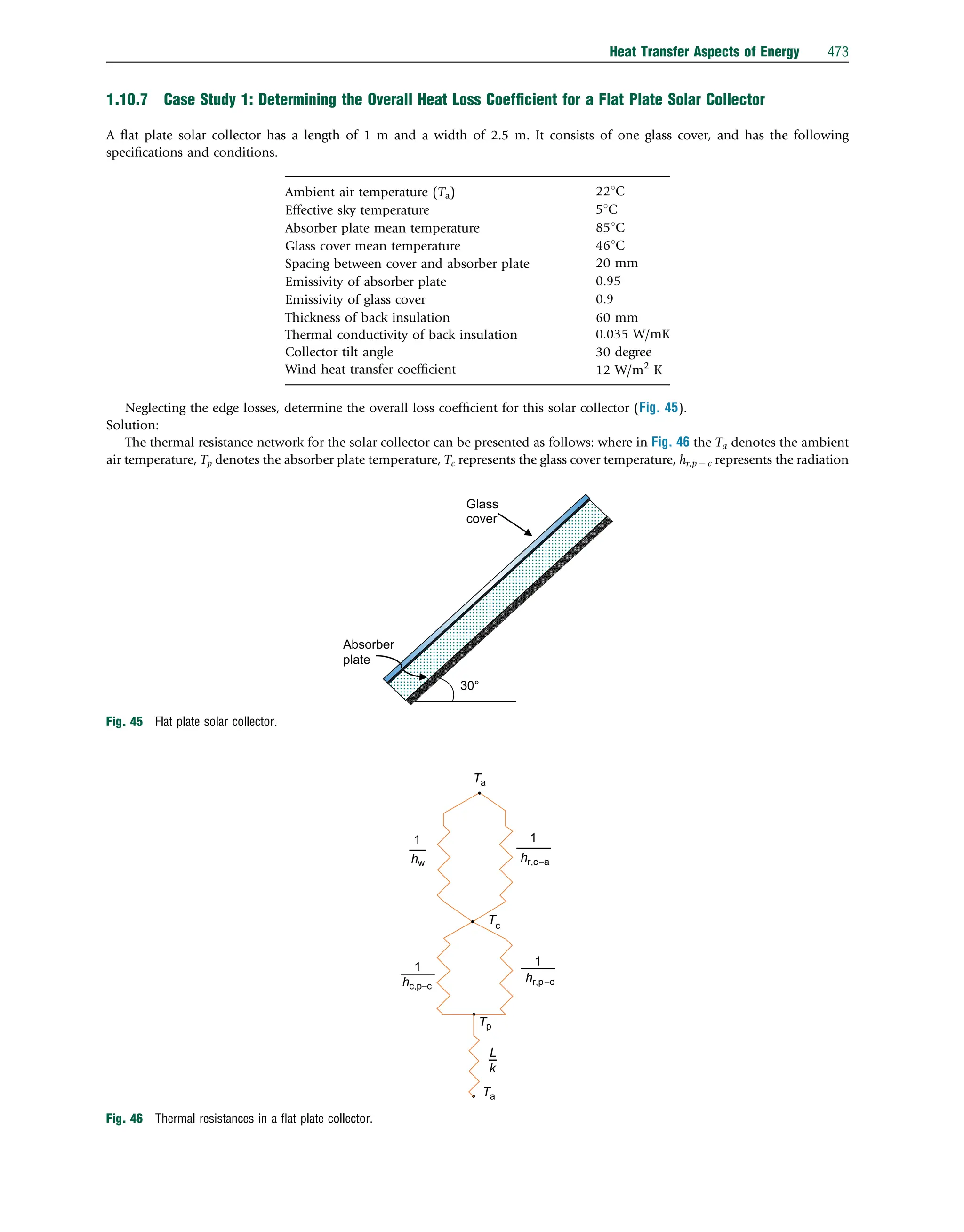 1.10.7 Case Study 1: Determining the Overall Heat Loss Coefﬁcient for a Flat Plate Solar Collector
A ﬂat plate solar collector has a length of 1 m and a width of 2.5 m. It consists of one glass cover, and has the following
speciﬁcations and conditions.
Ambient air temperature (Ta) 221C
Effective sky temperature 51C
Absorber plate mean temperature 851C
Glass cover mean temperature 461C
Spacing between cover and absorber plate 20 mm
Emissivity of absorber plate 0.95
Emissivity of glass cover 0.9
Thickness of back insulation 60 mm
Thermal conductivity of back insulation 0.035 W/mK
Collector tilt angle 30 degree
Wind heat transfer coefﬁcient 12 W/m2
K
Neglecting the edge losses, determine the overall loss coefﬁcient for this solar collector (Fig. 45).
Solution:
The thermal resistance network for the solar collector can be presented as follows: where in Fig. 46 the Ta denotes the ambient
air temperature, Tp denotes the absorber plate temperature, Tc represents the glass cover temperature, hr,p  c represents the radiation
30°
Absorber
plate
Glass
cover
Fig. 45 Flat plate solar collector.
Ta
Tc
Ta
Tp
hr,p−c
hr,c−a
hw
hc,p−c
L
k
1 1
1 1
Fig. 46 Thermal resistances in a ﬂat plate collector.
Heat Transfer Aspects of Energy 473
 