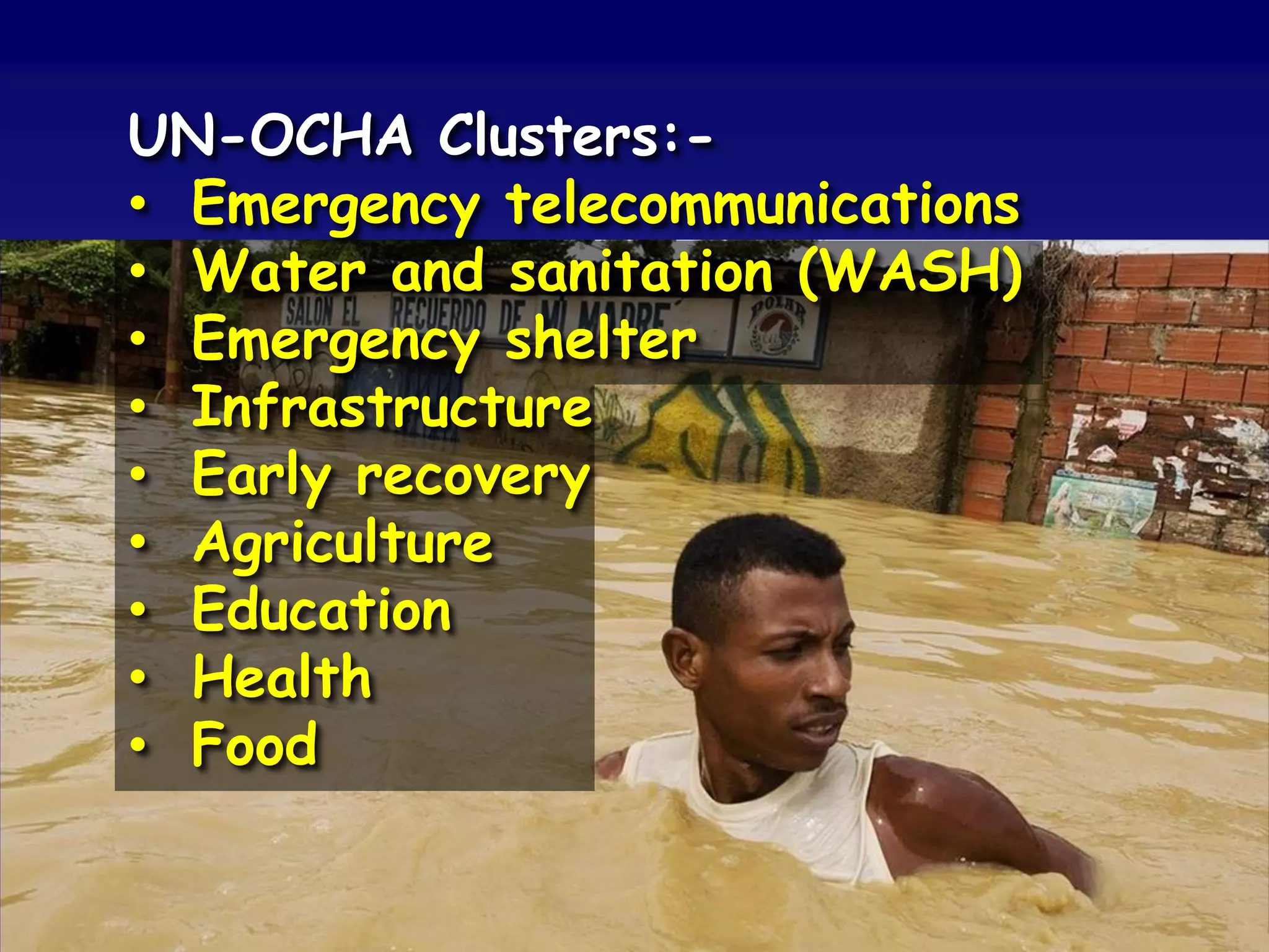 UN-OCHA Clusters:-
• Emergency telecommunications
• Water and sanitation (WASH)
• Emergency shelter
• Infrastructure
• Early recovery
• Agriculture
• Education
• Health
• Food
 