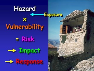 Hazard
x
Vulnerability
= Risk
Impact
Response
Exposure
 