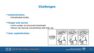 Shortened presentation title
Shortened presentation title
NCAR RDA Globus integration
Challenges
• Authentication
–Complic...