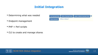 Shortened presentation title
Shortened presentation title
NCAR RDA Globus integration
Initial Integration
• Determining wh...