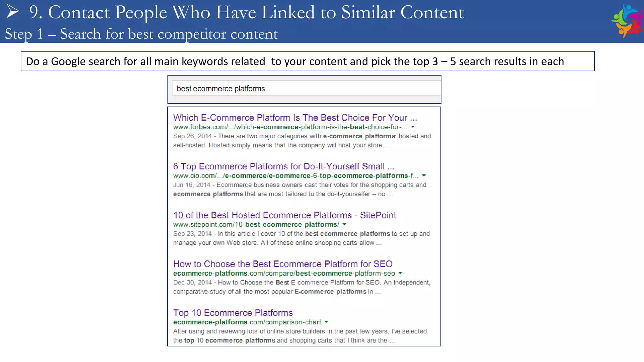 Do a Google search for all main keywords related to your content and pick the top 3 – 5 search results in each
 9. Contact People Who Have Linked to Similar Content
Step 1 – Search for best competitor content
 