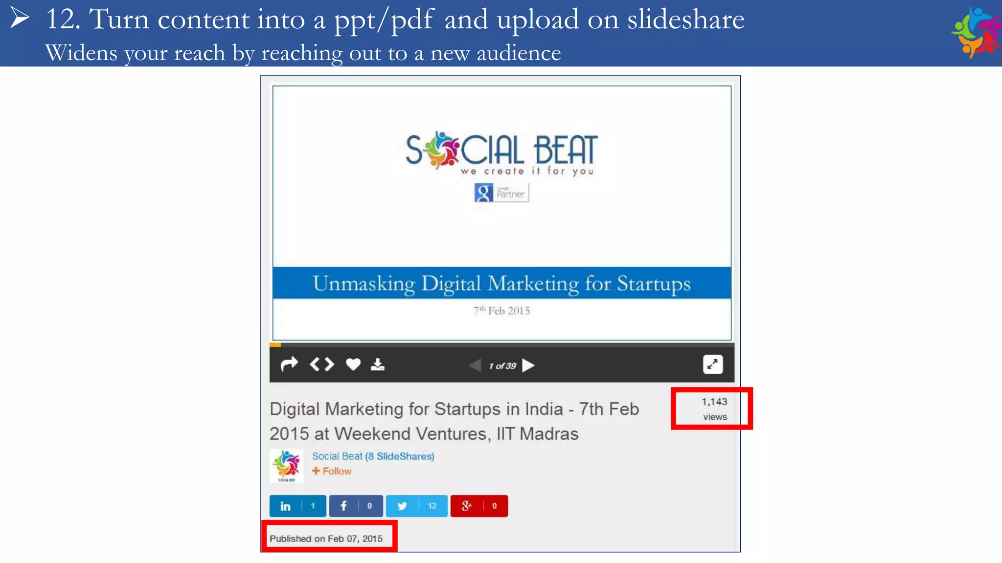  12. Turn content into a ppt/pdf and upload on slideshare
Widens your reach by reaching out to a new audience
 