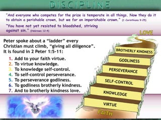 “And everyone who competes for the prize is temperate in all things. Now they do it
to obtain a perishable crown, but we for an imperishable crown.” (1 Corinthians 9:25)
“You have not yet resisted to bloodshed, striving
against sin.” (Hebrews 12:4)
Peter spoke about a “ladder” every
Christian must climb, “giving all diligence”.
It is found in 2 Peter 1:5-11:
1. Add to your faith virtue.
2. To virtue knowledge.
3. To knowledge self-control.
4. To self-control perseverance.
5. To perseverance godliness.
6. To godliness brotherly kindness.
7. And to brotherly kindness love.
 
