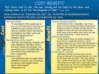 Jesus invites us to “estimate the cost” (Lk. 14:28 NIV) of discipleship before
putting our hand to the plow and beginning our work.
“But Jesus said to him, ‘No one, having put his hand to the plow, and
looking back, is fit for the kingdom of God.’” (Luke 9:62)
Self-renunciation
“If your hand or foot causes you to
sin, cut it off and cast it from you. It
is better for you to enter into life
lame or maimed, rather than having
two hands or two feet, to be cast
into the everlasting fire.”
(Matthew 18:8)
Not expecting worldly rewards
“But love your enemies, do good, and
lend, hoping for nothing in return;
and your reward will be great, and
you will be sons of the Most High. For
He is kind to the unthankful and
evil.” (Luke 6:35)
Humbling oneself
“Let nothing be done through selfish
ambition or conceit, but in lowliness
of mind let each esteem others
better than himself.”
(Philippians 2:3)
Present and future benefits
“So He said to them, ‘Assuredly, I say to you,
there is no one who has left house or parents or
brothers or wife or children, for the sake of the
kingdom of God, who shall not receive many
times more in this present time, and in the age
to come eternal life.’” (Luke 18:29-30)
A heavenly dwelling
“In My Father’s house are many mansions; if it
were not so, I would have told you. I go to
prepare a place for you. And if I go and prepare a
place for you, I will come again and receive you
to Myself; that where I am, there you may be
also.” (John 14:2-3)
An eternal life with God
“And there shall be no more curse, but the
throne of God and of the Lamb shall be in it, and
His servants shall serve Him. They shall see His
face, and His name shall be on their foreheads.
There shall be no night there: They need no lamp
nor light of the sun, for the Lord God gives them
light. And they shall reign forever and ever.”
(Revelation 22:3-5)
 