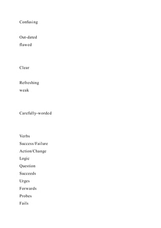 Confusing
Out-dated
flawed
Clear
Refreshing
weak
Carefully-worded
Verbs
Success/Failure
Action/Change
Logic
Question
Succeeds
Urges
Forwards
Probes
Fails
 