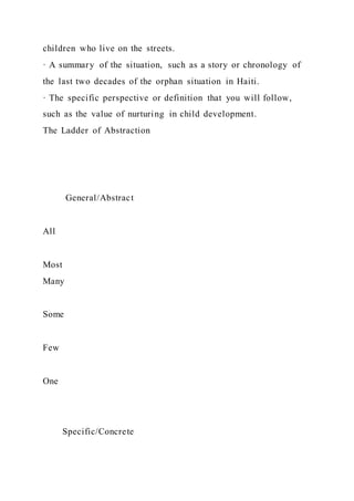 children who live on the streets.
· A summary of the situation, such as a story or chronology of
the last two decades of the orphan situation in Haiti.
· The specific perspective or definition that you will follow,
such as the value of nurturing in child development.
The Ladder of Abstraction
General/Abstract
All
Most
Many
Some
Few
One
Specific/Concrete
 