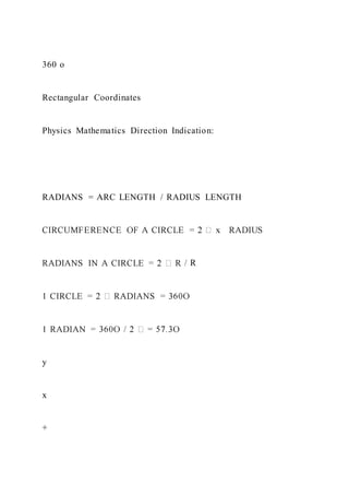 360 o
Rectangular Coordinates
Physics Mathematics Direction Indication:
RADIANS = ARC LENGTH / RADIUS LENGTH
R
y
x
+
 