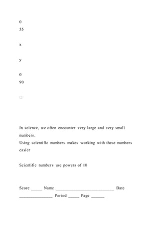 0
55
x
y
0
90
In science, we often encounter very large and very small
numbers.
Using scientific numbers makes working with these numbers
easier
Scientific numbers use powers of 10
Score _____ Name __________________________ Date
_______________ Period _____ Page ______
 