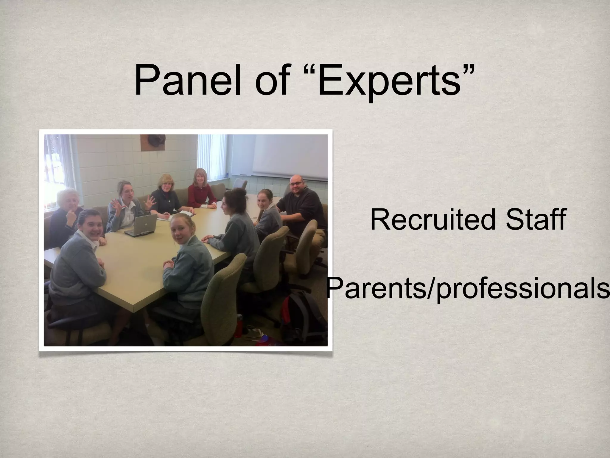 Panel of “Experts”
Recruited Staff
Parents/professionals
 